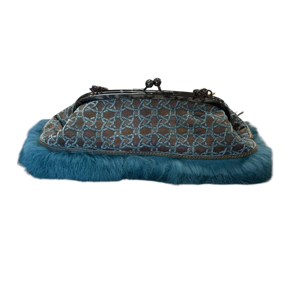Mary Frances Beaded Feather Fur Evening Clutch Handbag Blue Brown Jeweled Purse